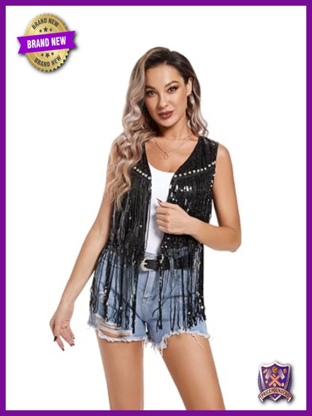 Sequin Fringe Vest Sleeveless Open Front Long Tassel Party Wear
